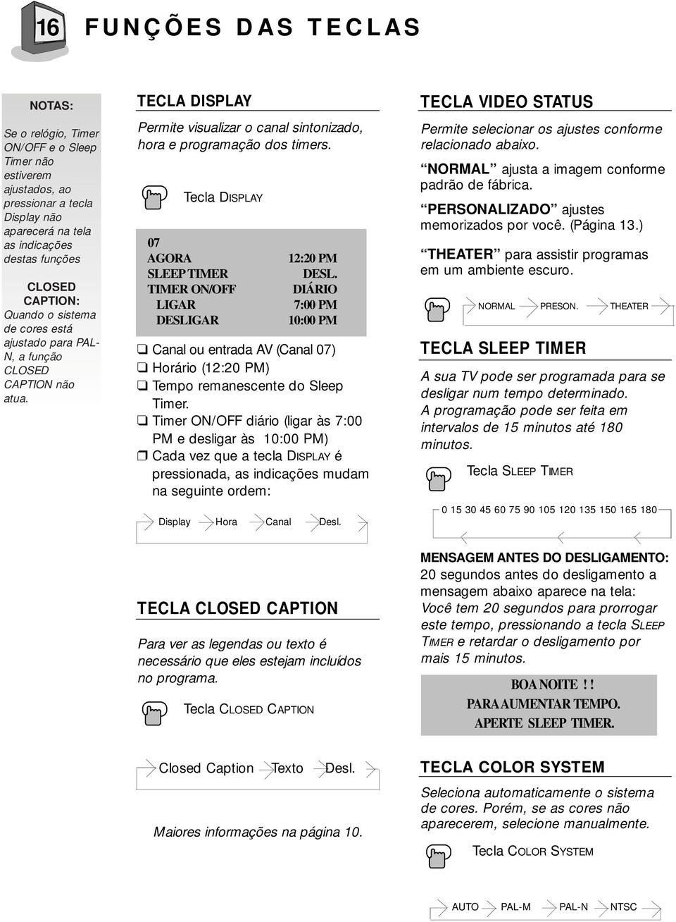Tecla DISPLAY 07 AGORA SLEEP TIMER TIMER ON/OFF LIGAR DESLIGAR 12:20 PM DESL. DIÁRIO 7:00 PM 10:00 PM Canal ou entrada AV (Canal 07) Horário (12:20 PM) Tempo remanescente do Sleep Timer.