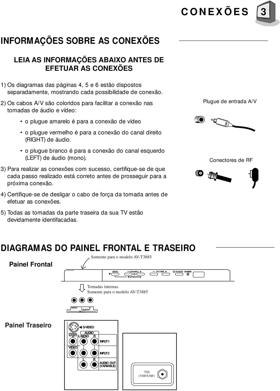 2) Os cabos A/V são coloridos para facilitar a conexão nas tomadas de áudio e vídeo: o plugue amarelo é para a conexão de vídeo o plugue vermelho é para a conexão do canal direito (RIGHT) de áudio.