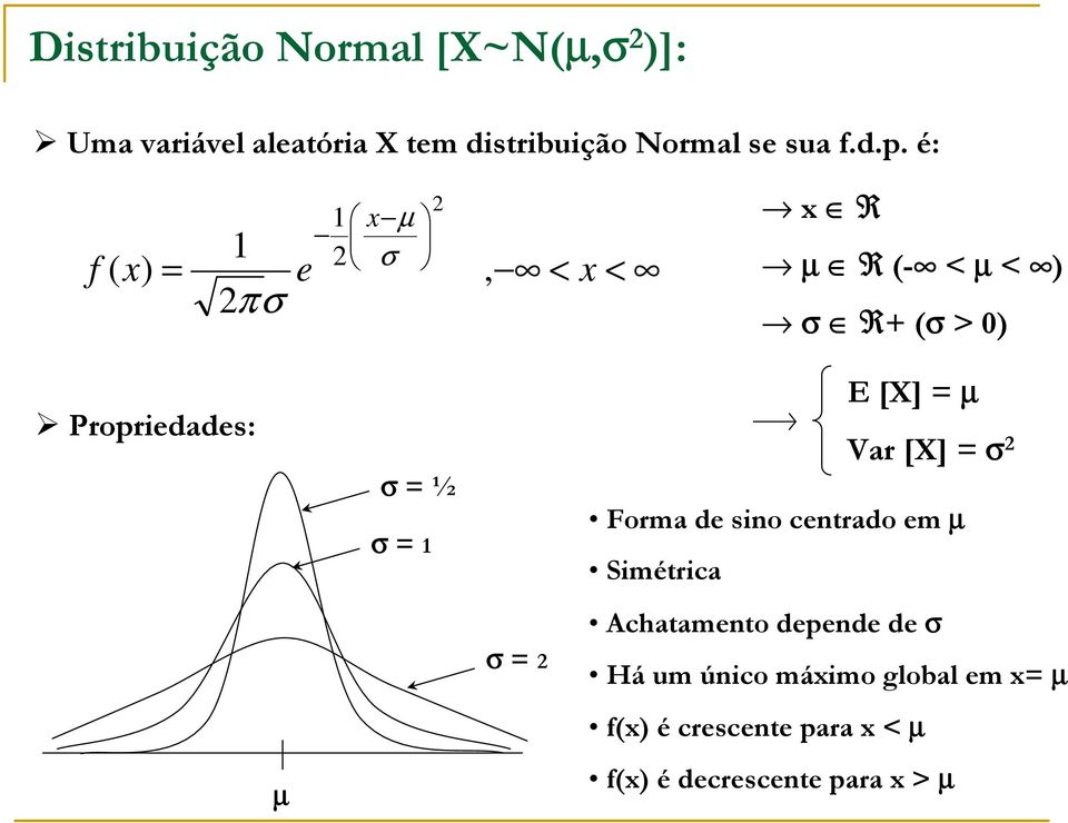 é: ( ) = e πσ µ σ, < < R µ R (- < µ < ) σ R+ (σ > 0) Propriedades: σ = ½ σ = E [X] =