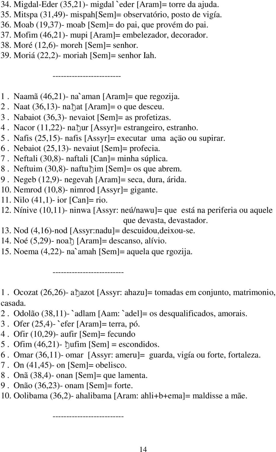 Naat (36,13)- naђat [Aram]= o que desceu. 3. Nabaiot (36,3)- nevaiot [Sem]= as profetizas. 4. Nacor (11,22)- naђur [Assyr]= estrangeiro, estranho. 5.