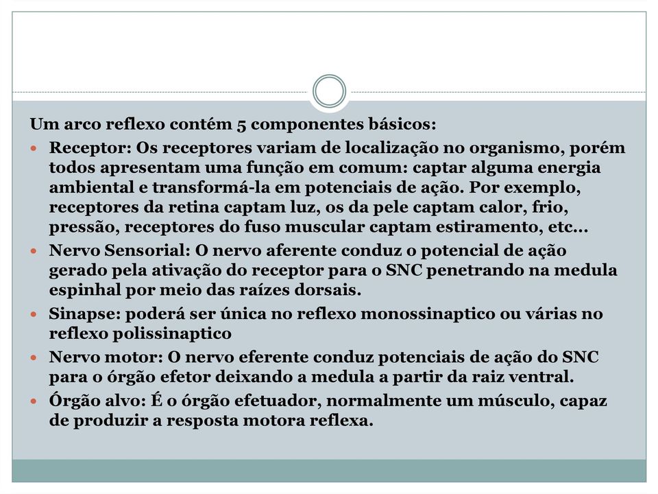 .. Nervo Sensorial: O nervo aferente conduz o potencial de ação gerado pela ativação do receptor para o SNC penetrando na medula espinhal por meio das raízes dorsais.