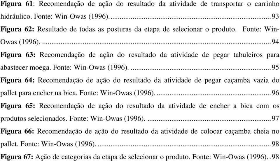 ... 95 Figura 64: Recomendação de ação do resultado da atividade de pegar caçamba vazia do pallet para encher na bica. Fonte: Win-Owas (1996).