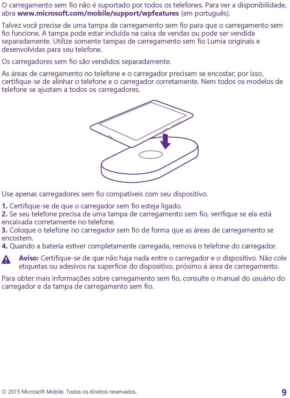 Utilize somente tampas de carregamento sem fio Lumia originais e desenvolvidas para seu telefone. Os carregadores sem fio são vendidos separadamente.