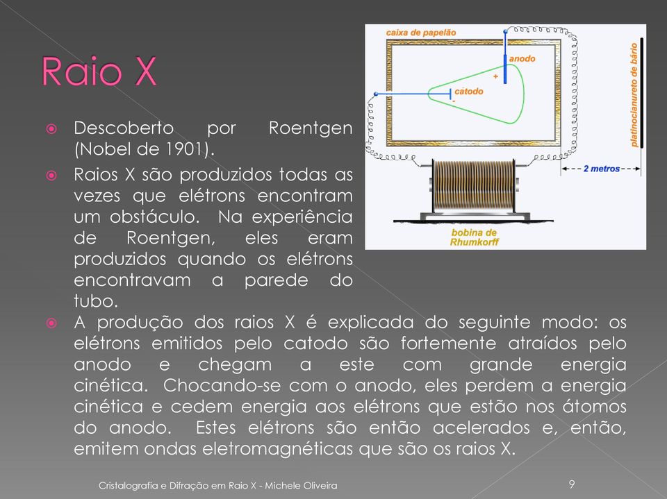 A produção dos raios X é explicada do seguinte modo: os elétrons emitidos pelo catodo são fortemente atraídos pelo anodo e chegam a este com grande energia