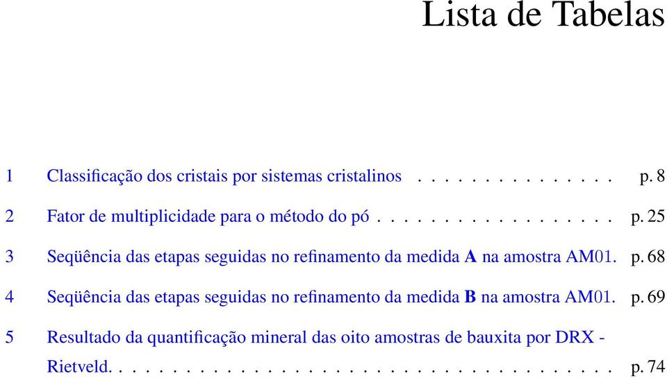 p. 69 5 Resultado da quantificação mineral das oito amostras de bauxita por DRX - Rietveld...................................... p. 74