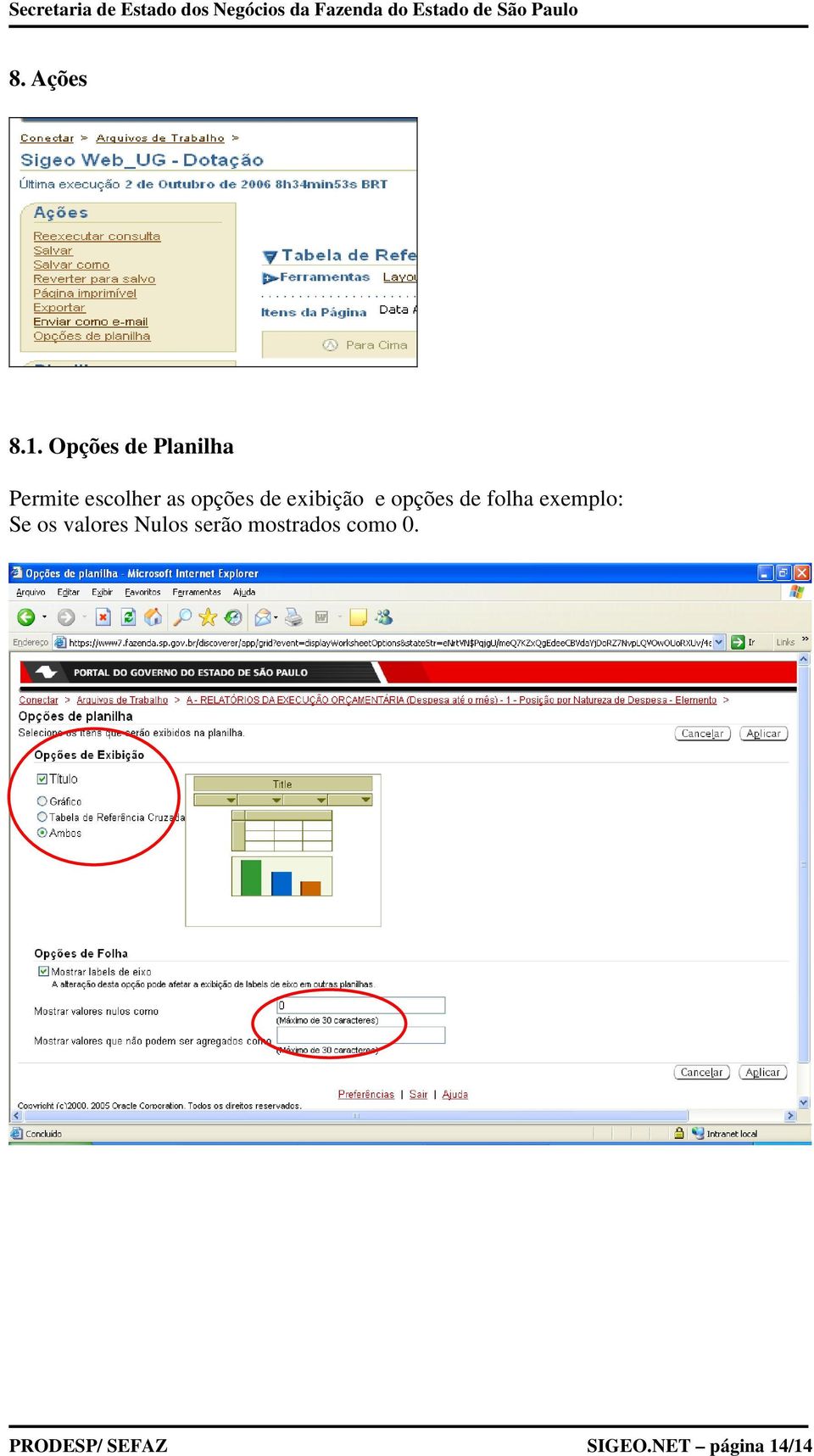 opções de exibição e opções de folha