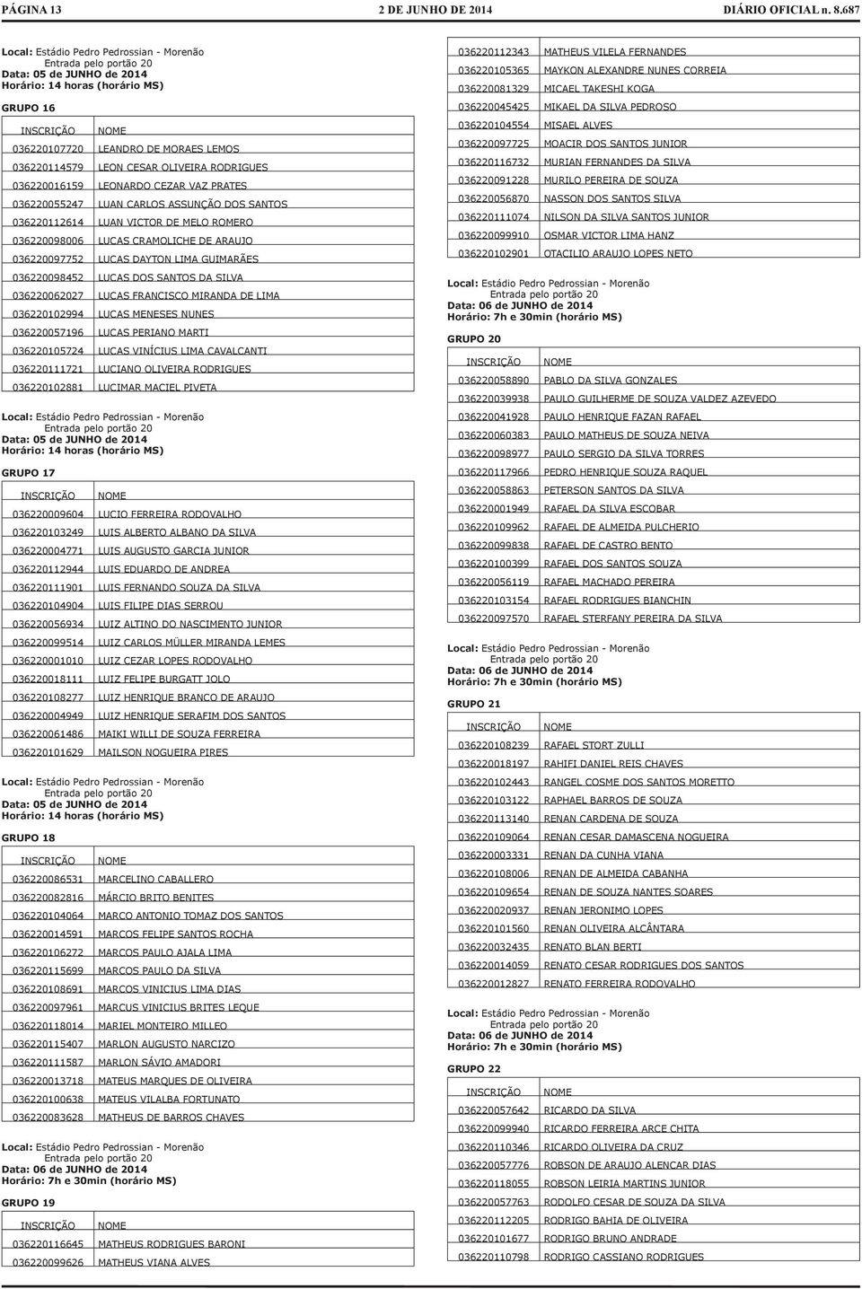 036220097752 LUCAS DAYTON LIMA GUIMARÃES 036220098452 LUCAS DOS SANTOS DA SILVA 036220062027 LUCAS FRANCISCO MIRANDA DE LIMA 036220102994 LUCAS MENESES NUNES 036220057196 LUCAS PERIANO MARTI