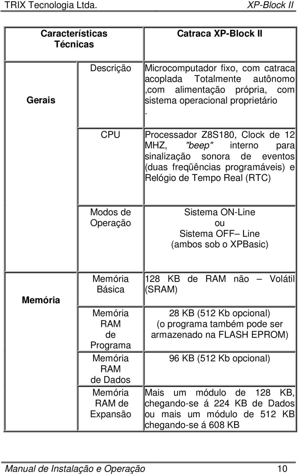 Sistema OFF Line (ambos sob o XPBasic) Memória Memória Básica Memória RAM de Programa Memória RAM de Dados Memória RAM de Expansão 128 KB de RAM não Volátil (SRAM) 28 KB (512 Kb opcional) (o