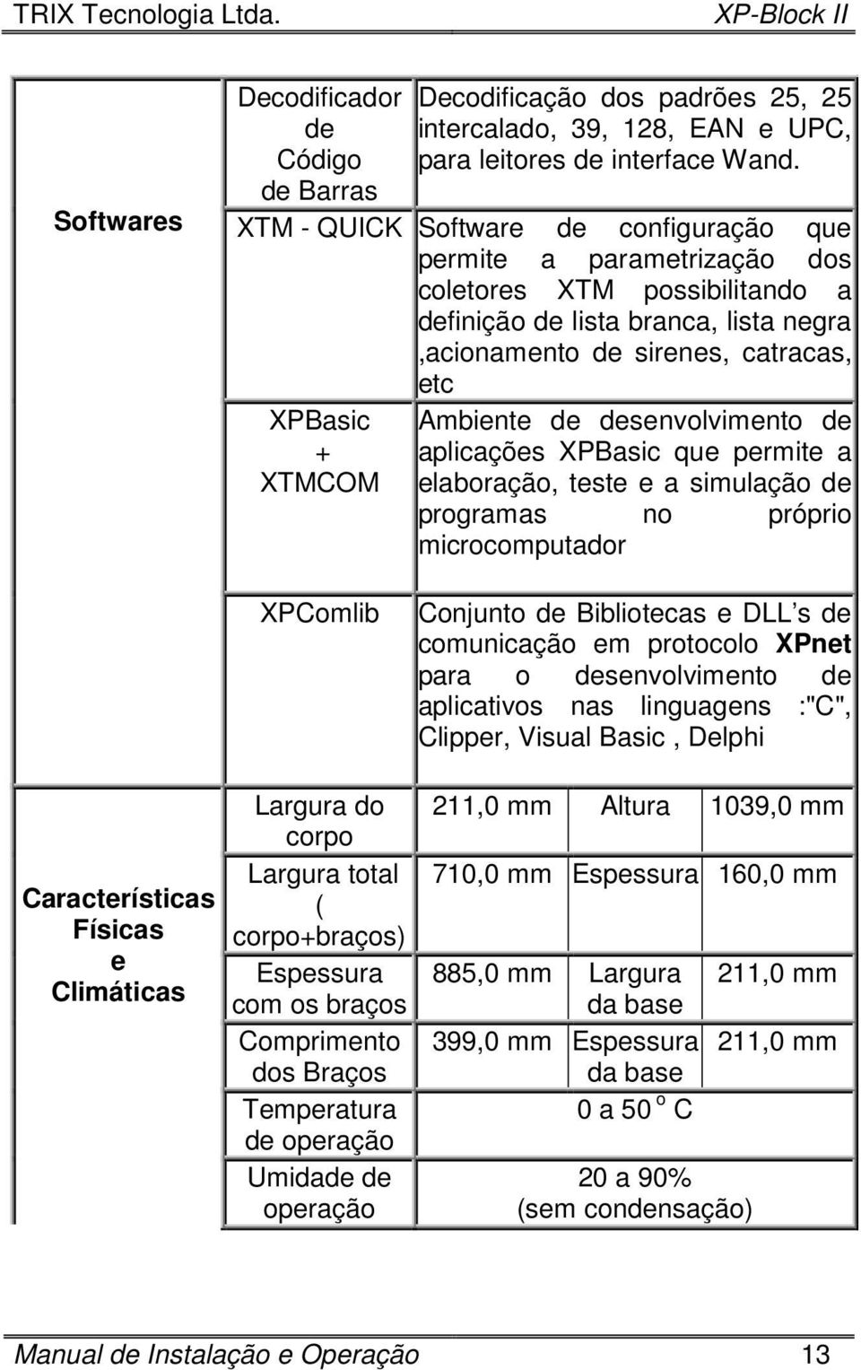 Ambiente de desenvolvimento de aplicações XPBasic que permite a elaboração, teste e a simulação de programas no próprio microcomputador Características Físicas e Climáticas XPComlib Largura do corpo