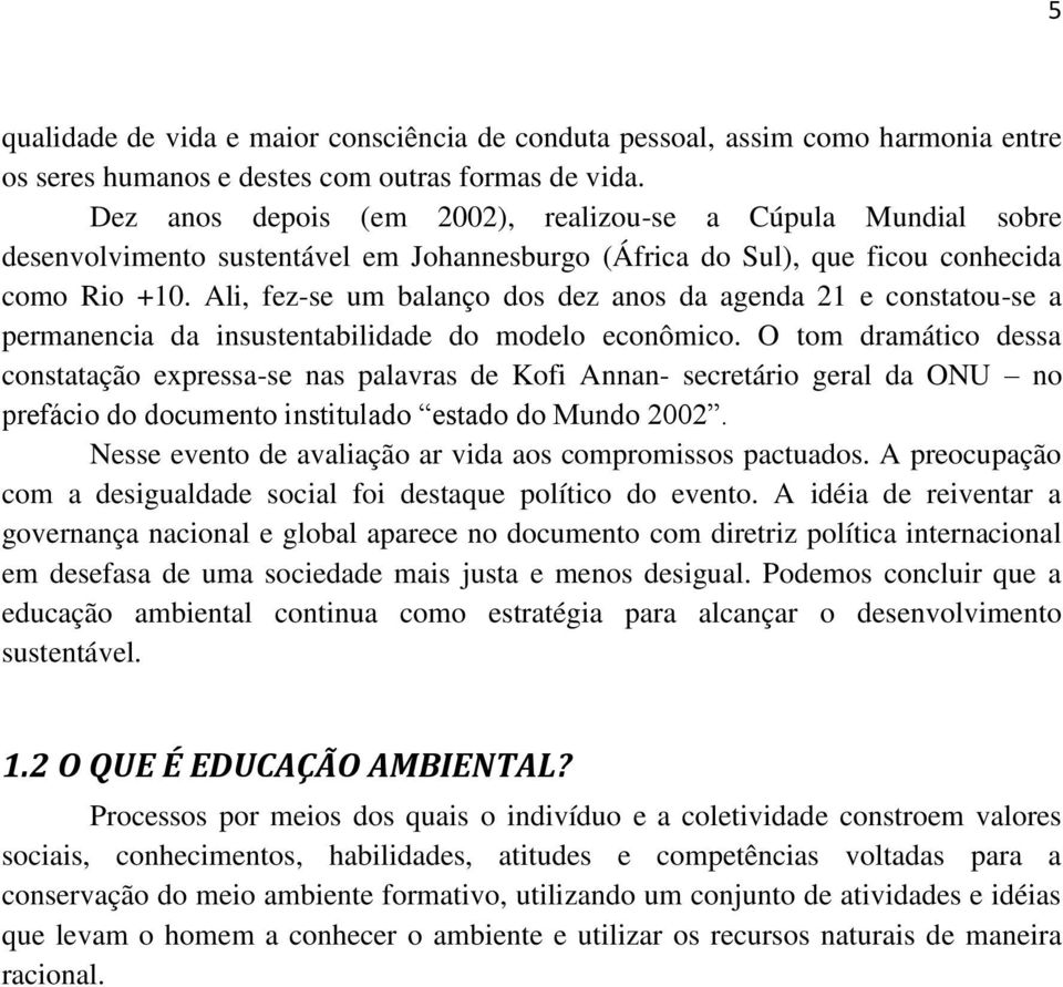 Ali, fez-se um balanço dos dez anos da agenda 21 e constatou-se a permanencia da insustentabilidade do modelo econômico.