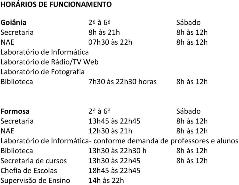 Secretaria 13h45 às 22h45 8h às 12h NAE 12h30 às 21h 8h às 12h Laboratório de Informática- conforme demanda de professores e alunos