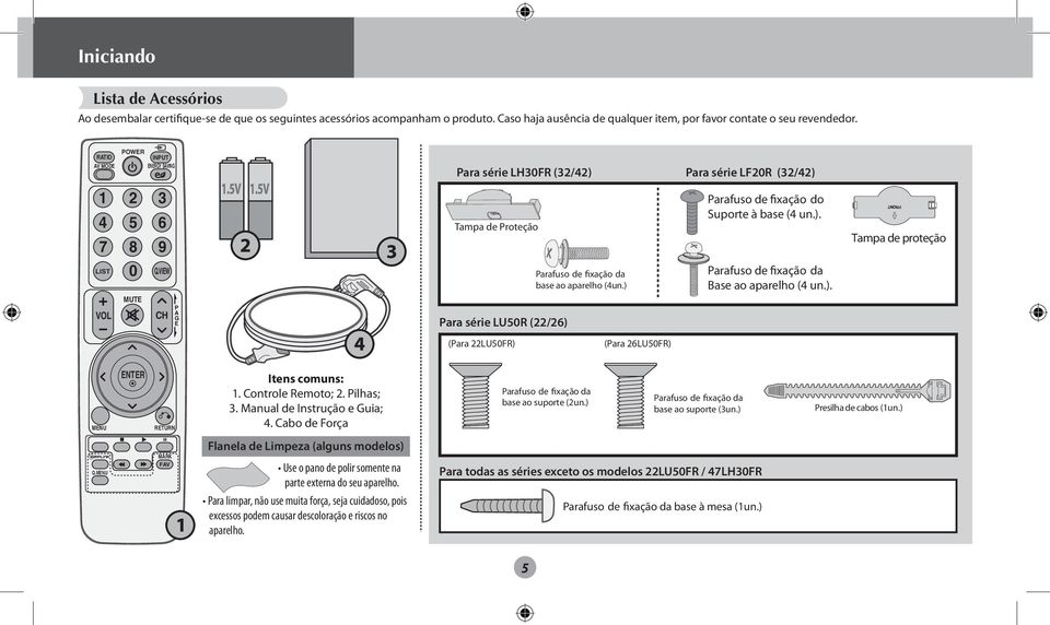 VIEW Parafuso de fixação da base ao aparelho (4un.) Parafuso de fixação da Base ao aparelho (4 un.). MUTE VOL CH P A GE Para série LU50R (/6) (Para LU50FR) (Para 6LU50FR) MENU ENTER RETURN Itens comuns:.