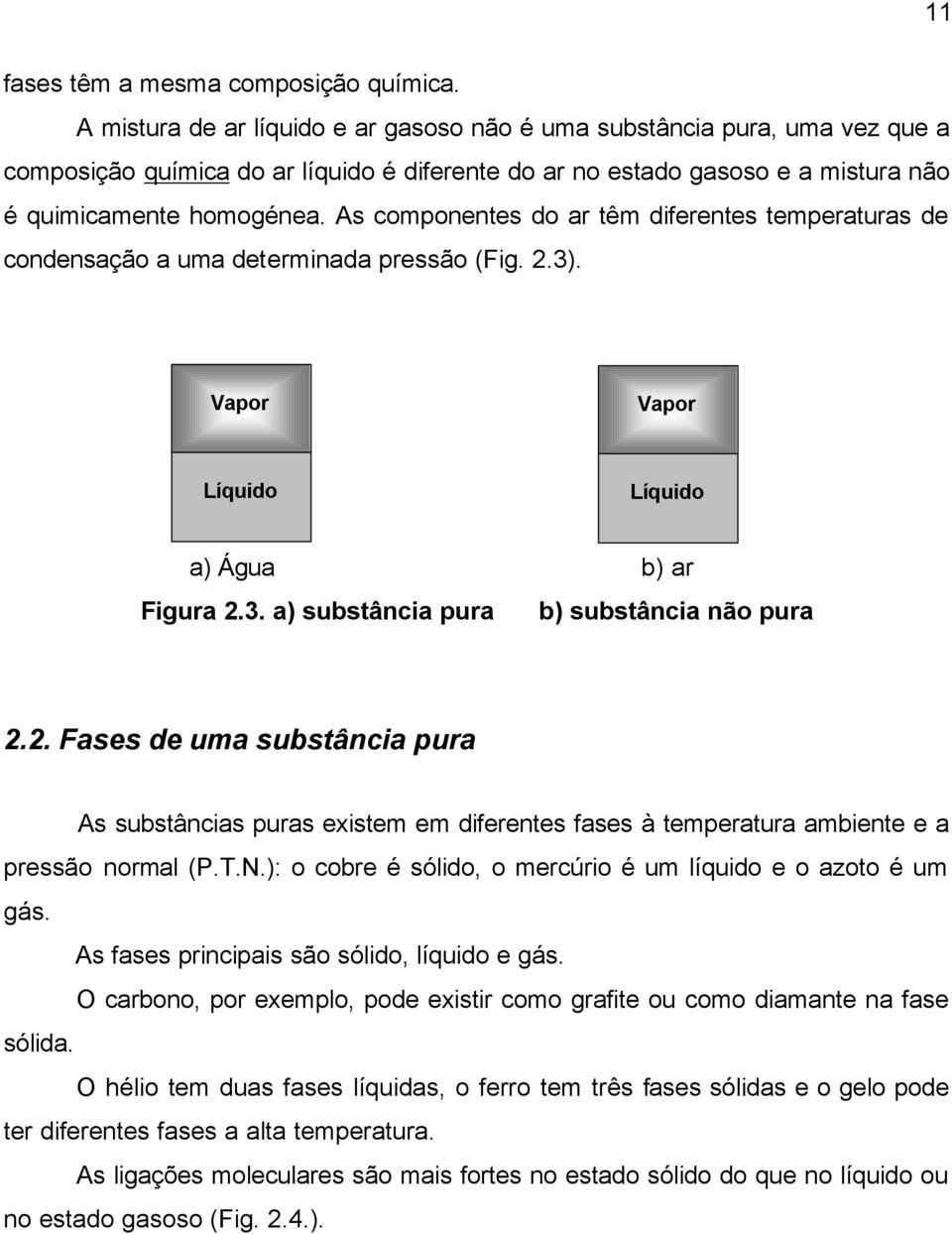 As componentes do ar têm dierentes temperaturas de condensação a uma determinada pressão (Fig. 2.3). Vapor Vapor Líquido Líquido a) Água b) ar Figura 2.3. a) substância pura b) substância não pura 2.