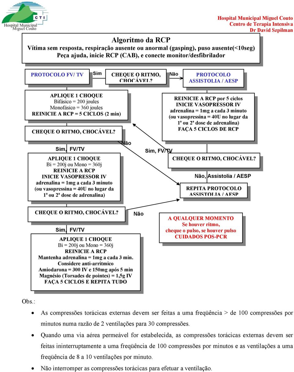 REINICIE A RCP por 5 ciclos INICIE VASOPRESSOR IV adrenalina = 1mg a cada 3 minuto (ou vasopressina = 40U no lugar da 1ª ou 2ª dose de adrenalina) FAÇA 5 CICLOS DE RCP Sim, FV/TV APLIQUE 1 CHOQUE Bi