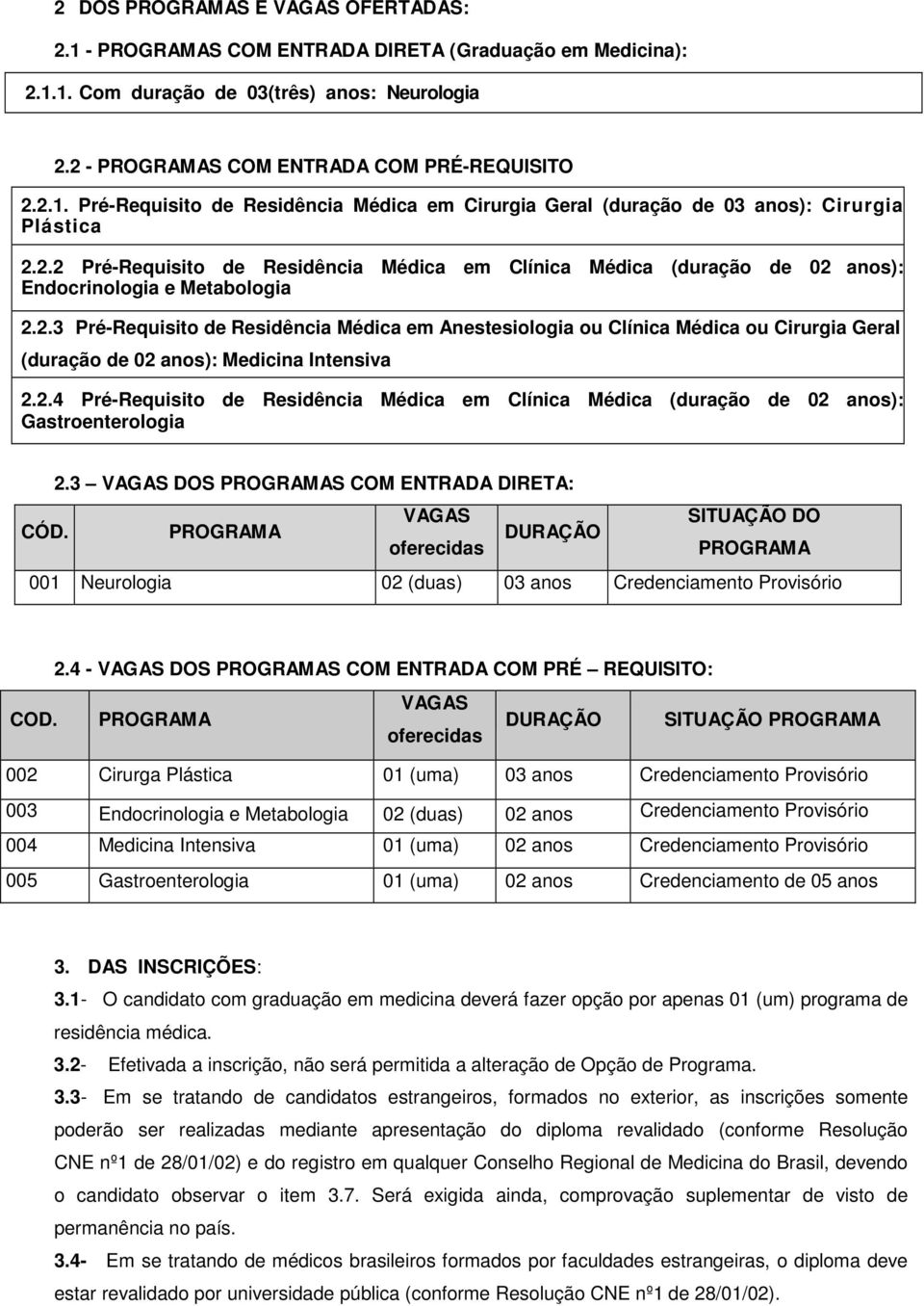 2.4 Pré-Requisito de Residência Médica em Clínica Médica (duração de 02 anos): Gastroenterologia 2.3 VAGAS DOS PROGRAMAS COM ENTRADA DIRETA: VAGAS SITUAÇÃO DO CÓD.