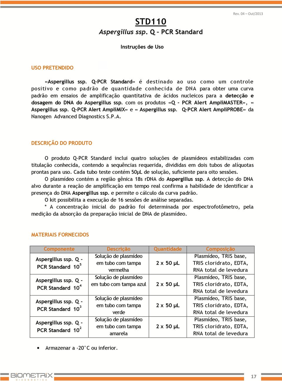 a detecção e dosagem do DNA do Aspergillus ssp. com os produtos «Q - PCR Alert AmpliMASTER», «Aspergillus ssp. Q-PCR Alert AmpliMIX» e «Aspergillus ssp.