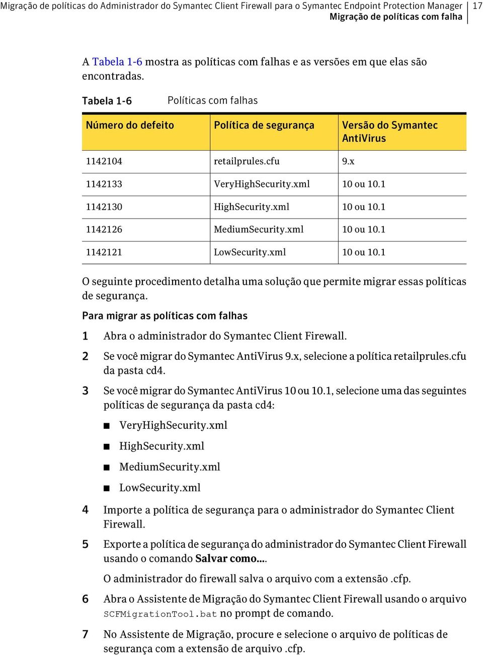 xml MediumSecurity.xml LowSecurity.xml Versão do Symantec AntiVirus 9.x 10 ou 10.1 10 ou 10.1 10 ou 10.1 10 ou 10.1 O seguinte procedimento detalha uma solução que permite migrar essas políticas de segurança.