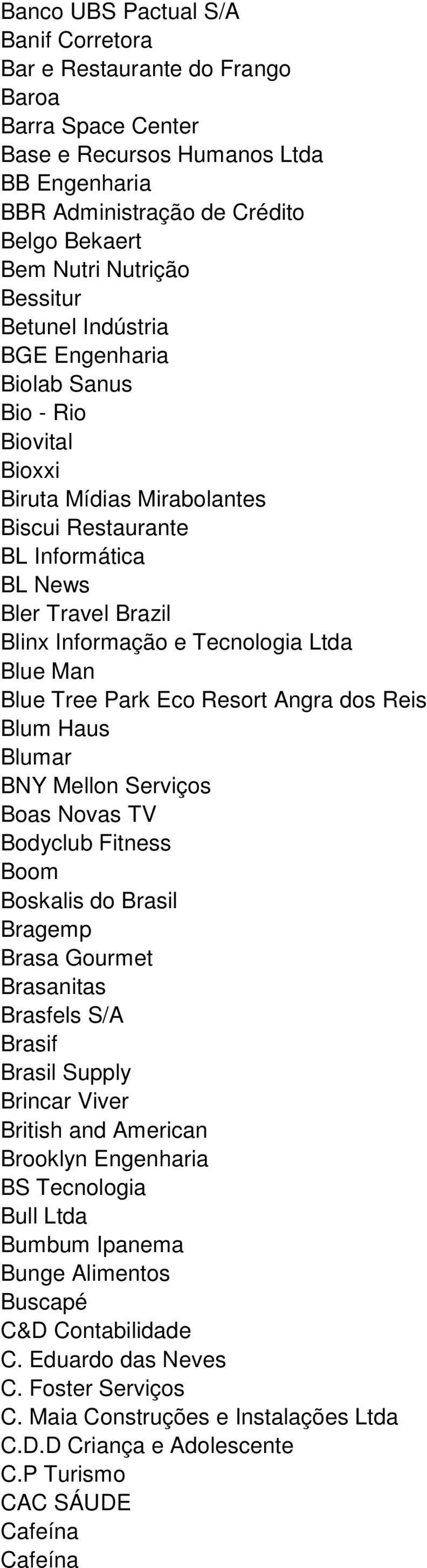 Ltda Blue Man Blue Tree Park Eco Resort Angra dos Reis Blum Haus Blumar BNY Mellon Serviços Boas Novas TV Bodyclub Fitness Boom Boskalis do Brasil Bragemp Brasa Gourmet Brasanitas Brasfels S/A Brasif