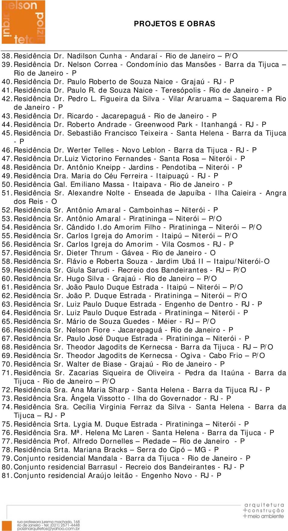 Residência Dr. Roberto Andrade - Greenwood Park - Itanhangá - RJ - P 45. Residência Dr. Sebastião Francisco Teixeira - Santa Helena - Barra da Tijuca - P 46. Residência Dr. Werter Telles - Novo Leblon - Barra da Tijuca - RJ - P 47.