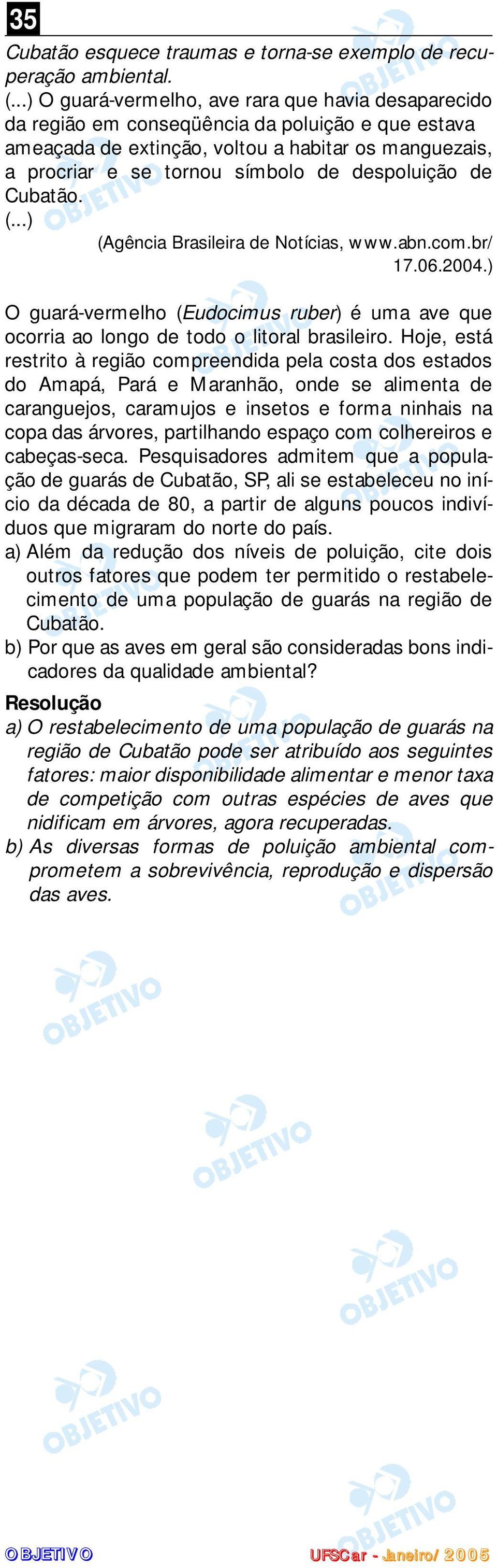 despoluição de Cubatão. (...) (Agência Brasileira de Notícias, www.abn.com.br/ 17.06.2004.) O guará-vermelho (Eudocimus ruber) é uma ave que ocorria ao longo de todo o litoral brasileiro.