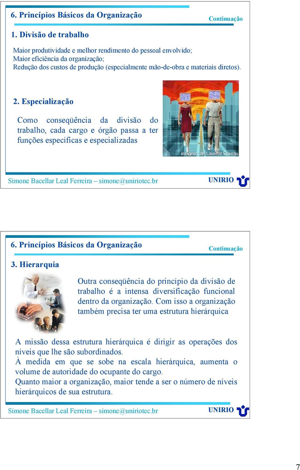 Especialização Como conseqüência da divisão do trabalho, cada cargo e órgão passa a ter funções específicas e especializadas 6. Princípios Básicos da Organização 3.