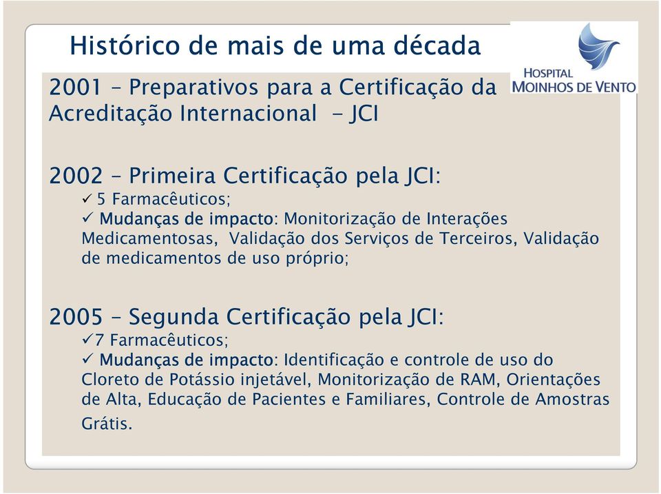 medicamentos de uso próprio; 2005 Segunda Certificação pela JCI: 7 Farmacêuticos; Mudanças de impacto: Identificação e controle de uso do