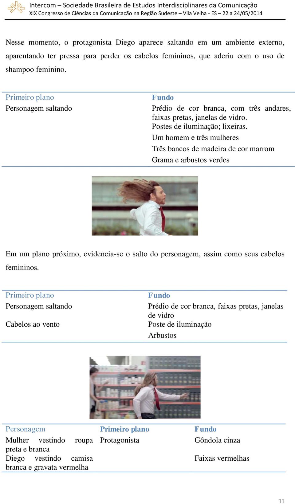 Um homem e três mulheres Três bancos de madeira de cor marrom Grama e arbustos verdes Em um plano próximo, evidencia-se o salto do personagem, assim como seus cabelos femininos.