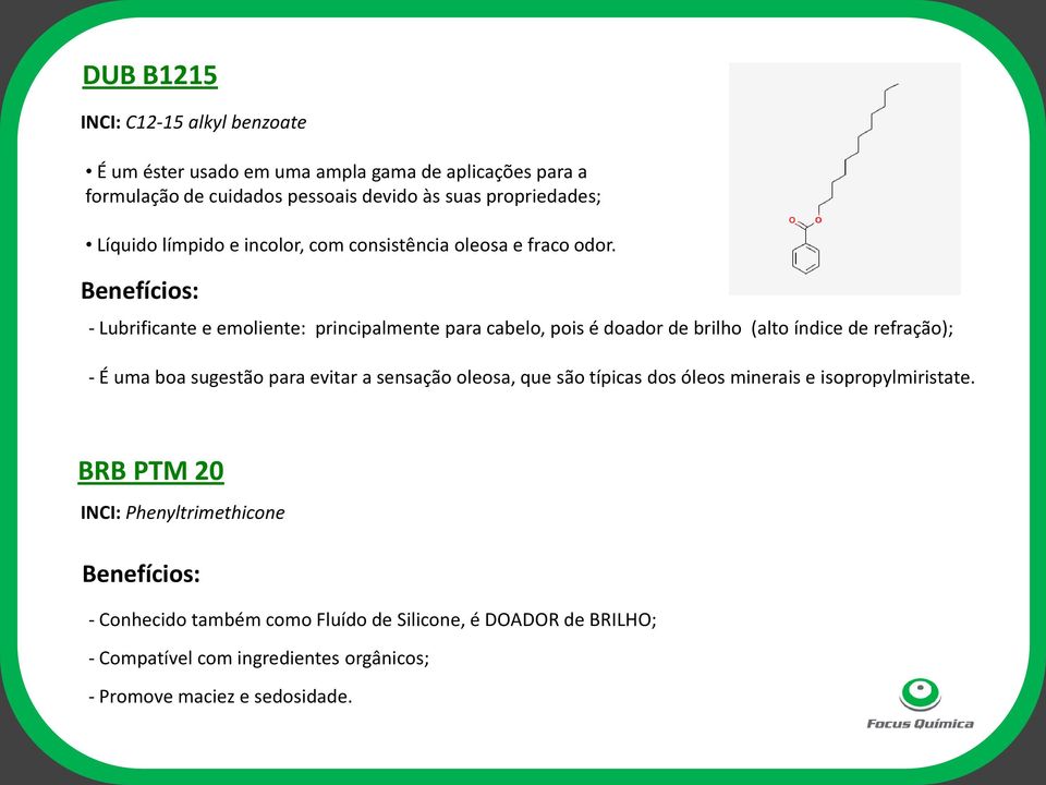 - Lubrificante e emoliente: principalmente para cabelo, pois é doador de brilho (alto índice de refração); - É uma boa sugestão para evitar a sensação