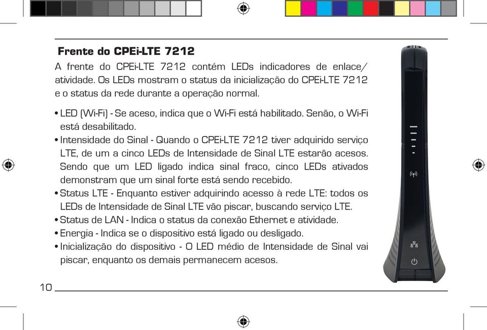 Intensidade do Sinal - Quando o CPEi-LTE 7212 tiver adquirido serviço LTE, de um a cinco LEDs de Intensidade de Sinal LTE estarão acesos.