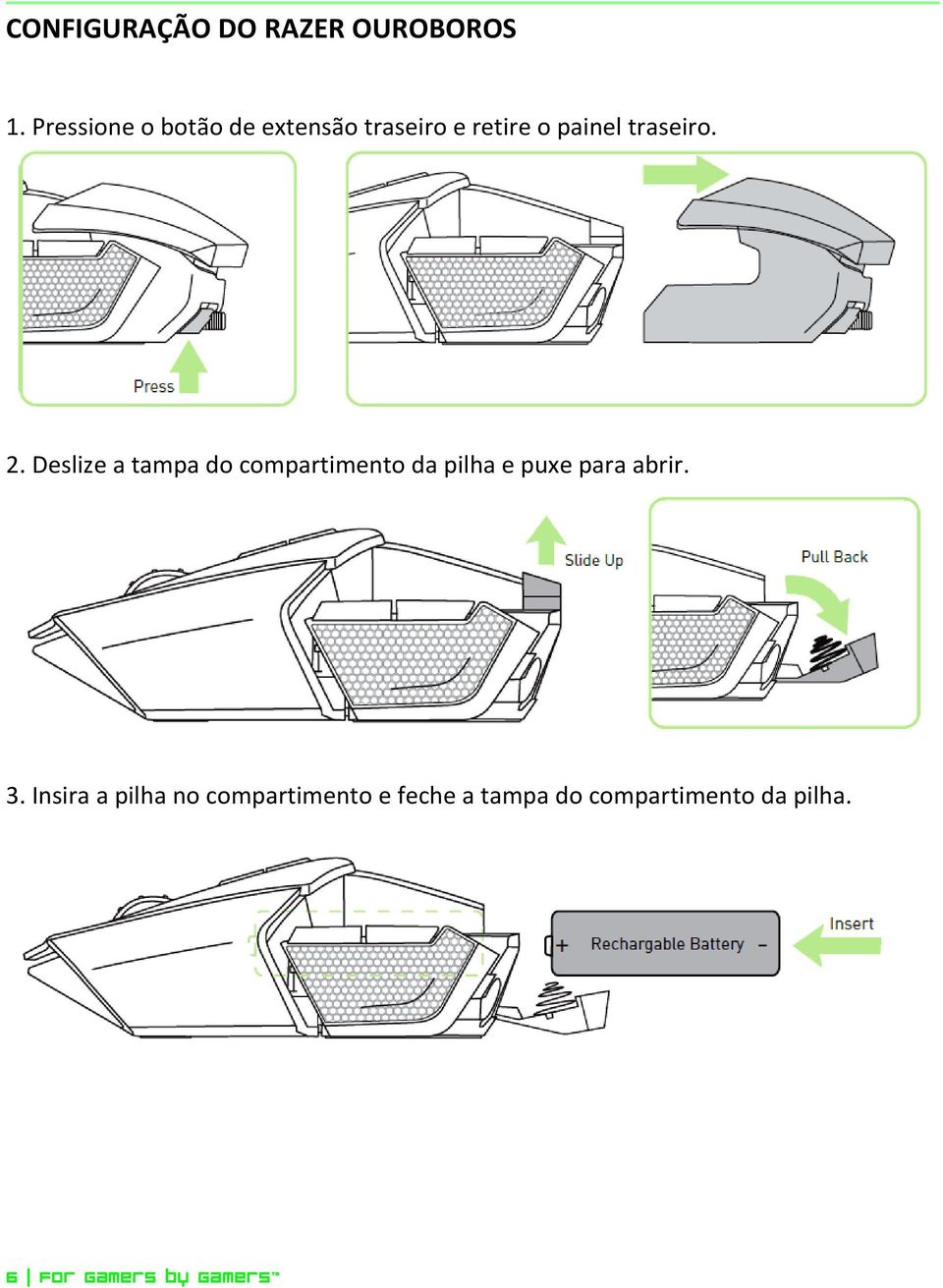 2. Deslize a tampa do compartimento da pilha e puxe para abrir. 3.