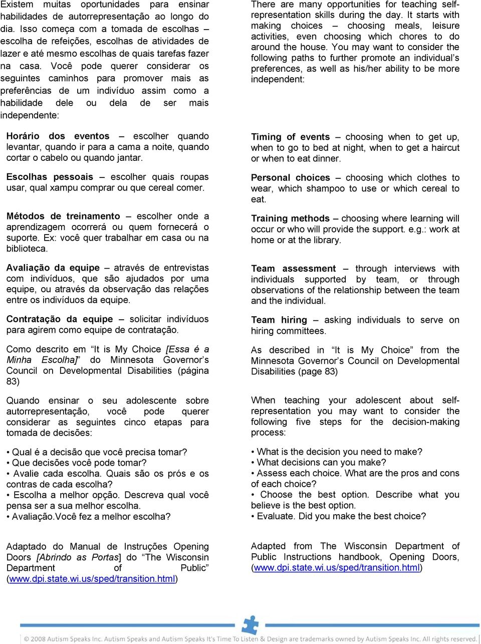 Você pode querer considerar os seguintes caminhos para promover mais as preferências de um indivíduo assim como a habilidade dele ou dela de ser mais independente: Horário dos eventos escolher quando