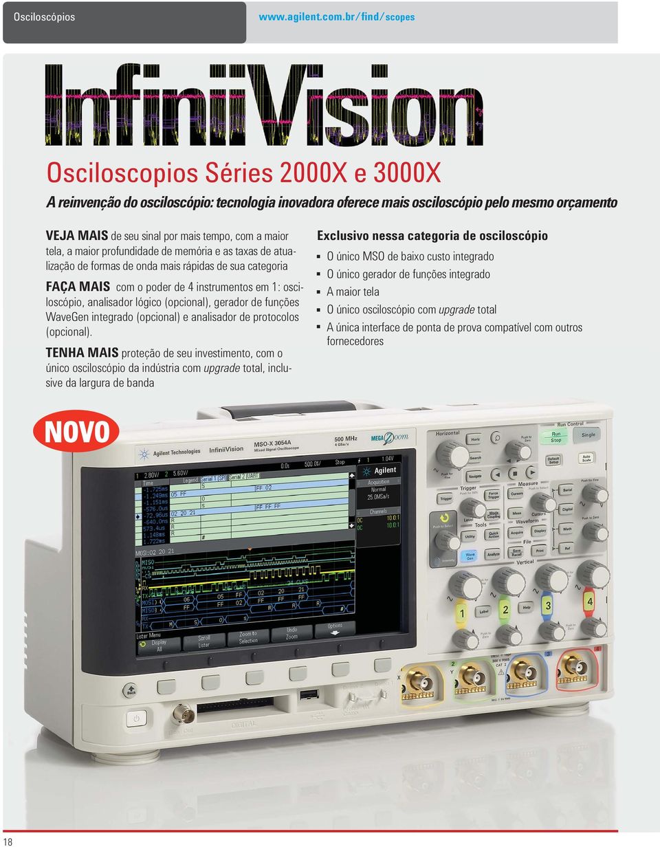 tela, a maior profundidade de memória e as taxas de atualização de formas de onda mais rápidas de sua categoria FAÇA MAIS com o poder de 4 instrumentos em 1: osciloscópio, analisador lógico