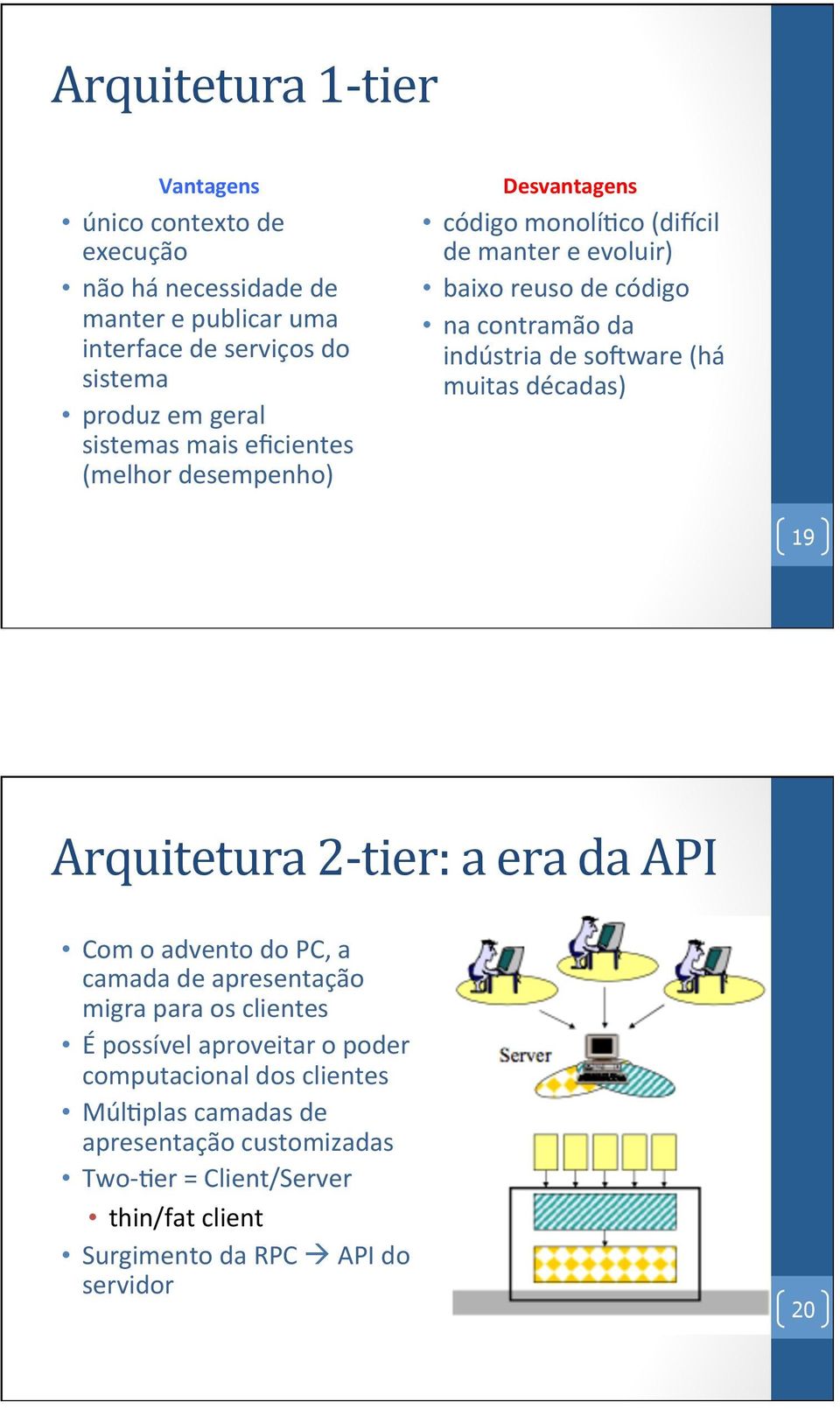 soyware (há muitas décadas) 19 Arquitetura 2- tier: a era da API Com o advento do PC, a camada de apresentação migra para os clientes É possível aproveitar