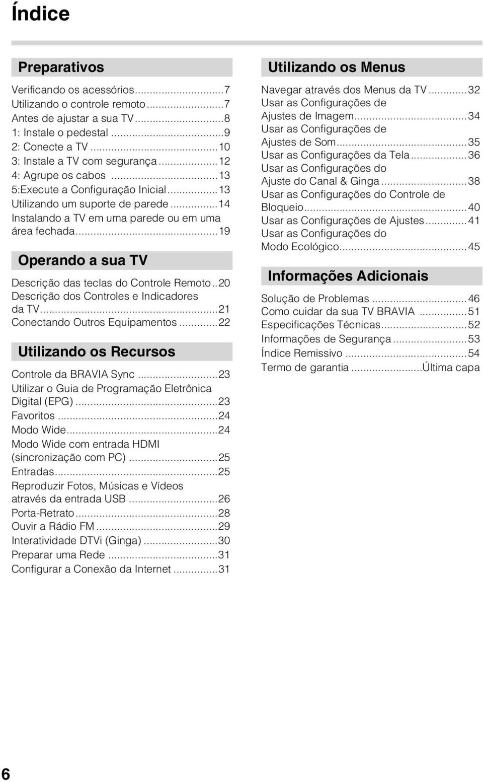 ..19 Operando a sua TV Descrição das teclas do Controle Remoto..20 Descrição dos Controles e Indicadores da TV...21 Conectando Outros Equipamentos...22 Utilizando os Recursos Controle da BRAVIA Sync.