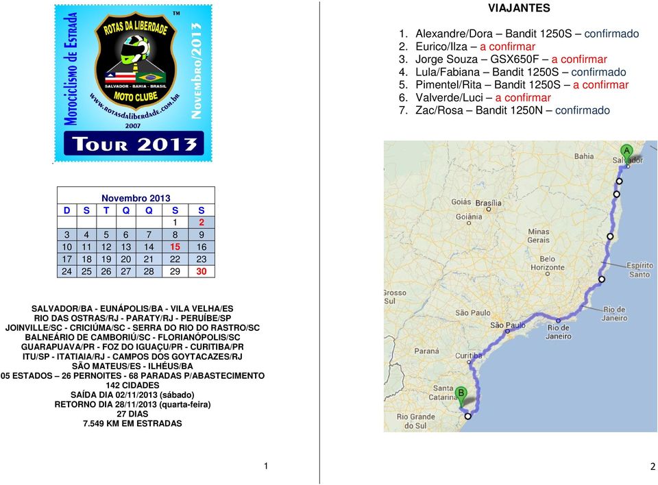 Zac/Rosa Bandit 1250N confirmado Novembro 2013 D S T Q Q S S 1 2 3 4 5 6 7 8 9 10 11 12 13 14 15 16 17 18 19 20 21 22 23 24 25 26 27 28 29 30 SALVADOR/BA - EUNÁPOLIS/BA - VILA VELHA/ES RIO DAS