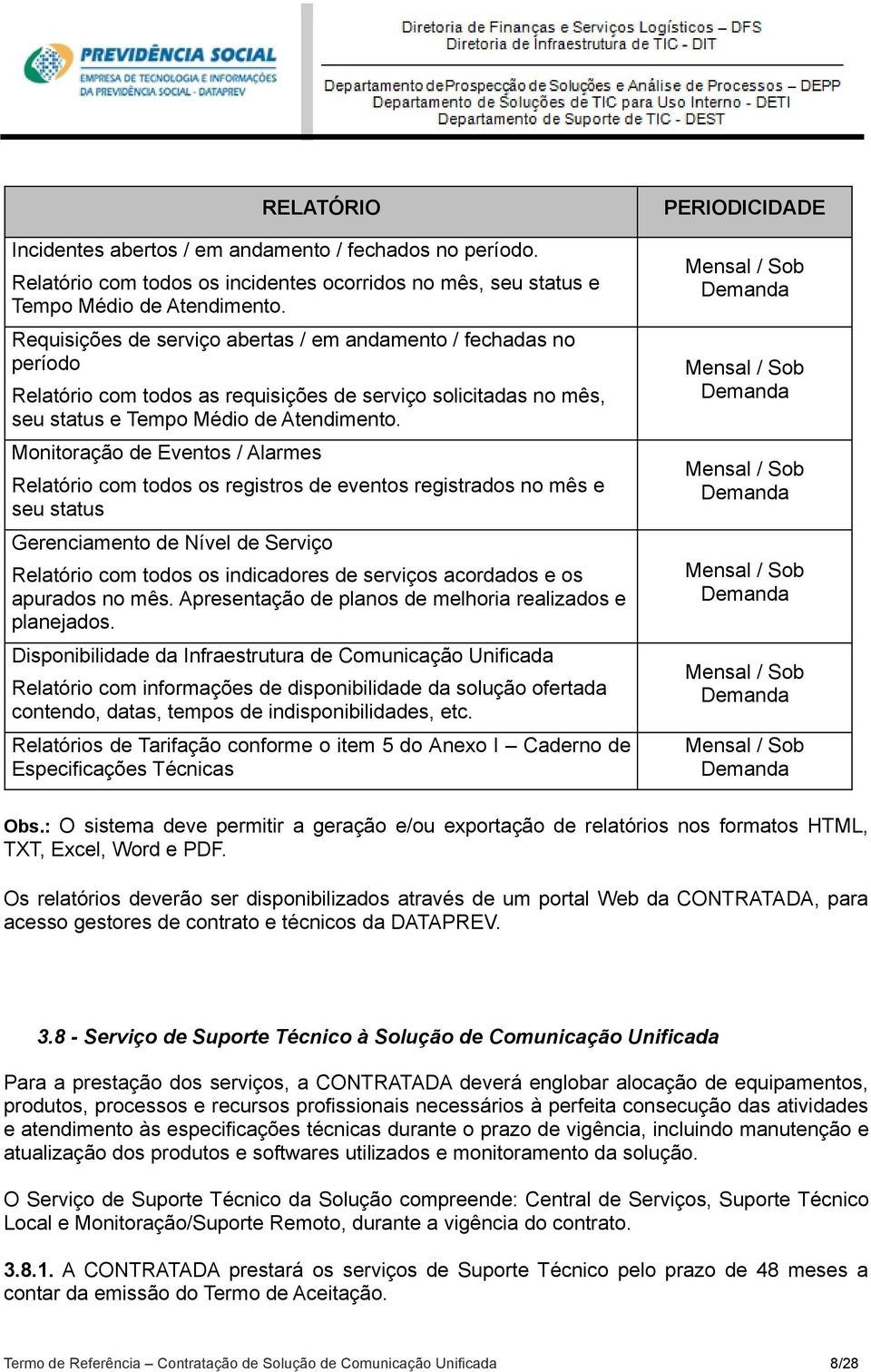 Monitoração de Eventos / Alarmes Relatório com todos os registros de eventos registrados no mês e seu status Gerenciamento de Nível de Serviço Relatório com todos os indicadores de serviços acordados