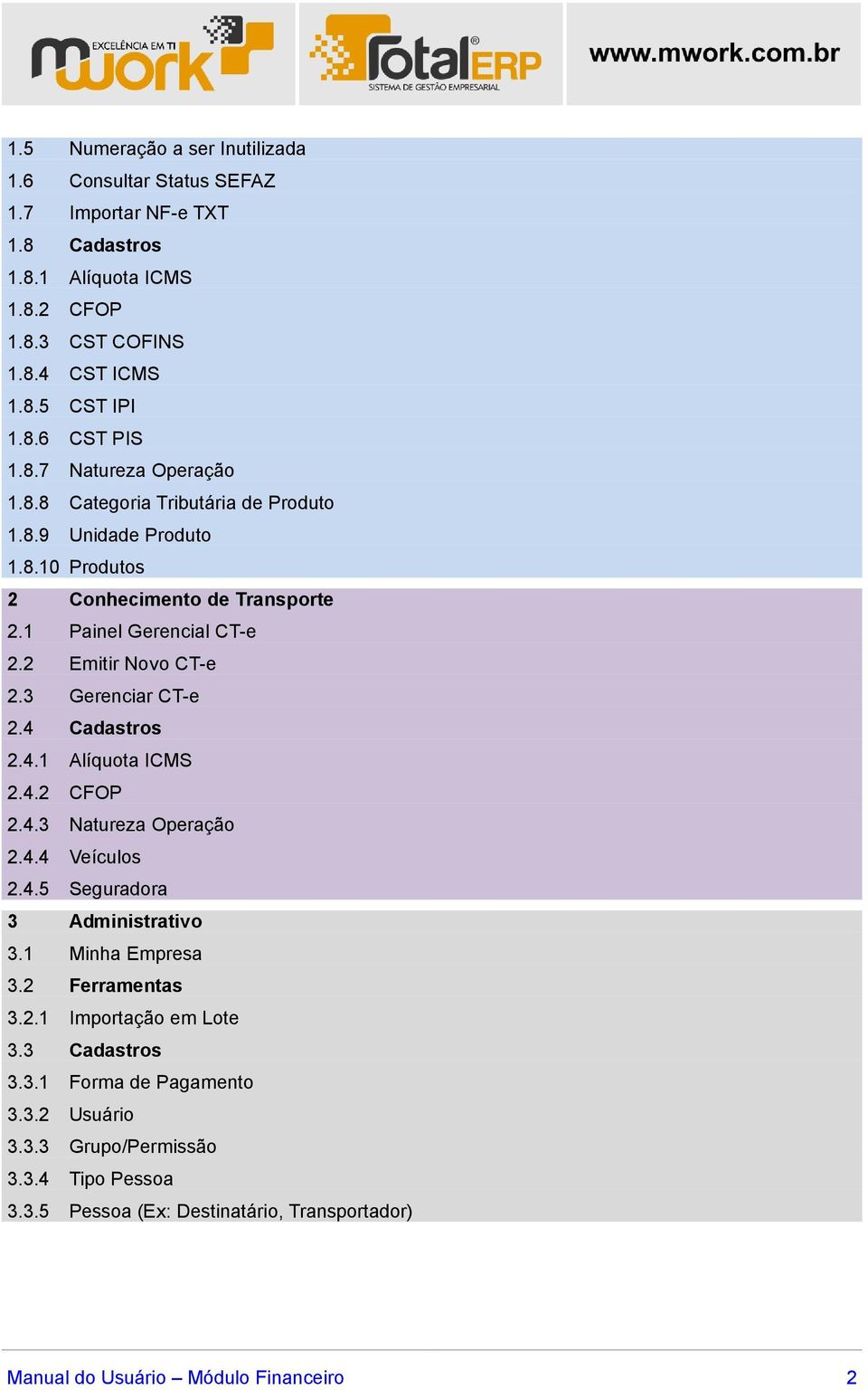 2 Emitir Novo CT-e 2.3 Gerenciar CT-e 2.4 Cadastros 2.4.1 Alíquota ICMS 2.4.2 CFOP 2.4.3 Natureza Operação 2.4.4 Veículos 2.4.5 Seguradora 3 Administrativo 3.