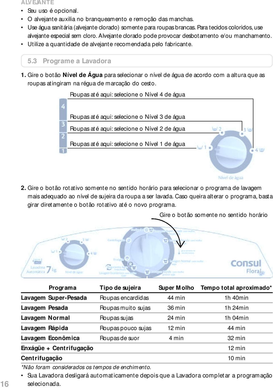 3 Programe a Lavadora 1. Gire o botão Nível de Água para selecionar o nível de água de acordo com a altura que as roupas atingiram na régua de marcação do cesto.