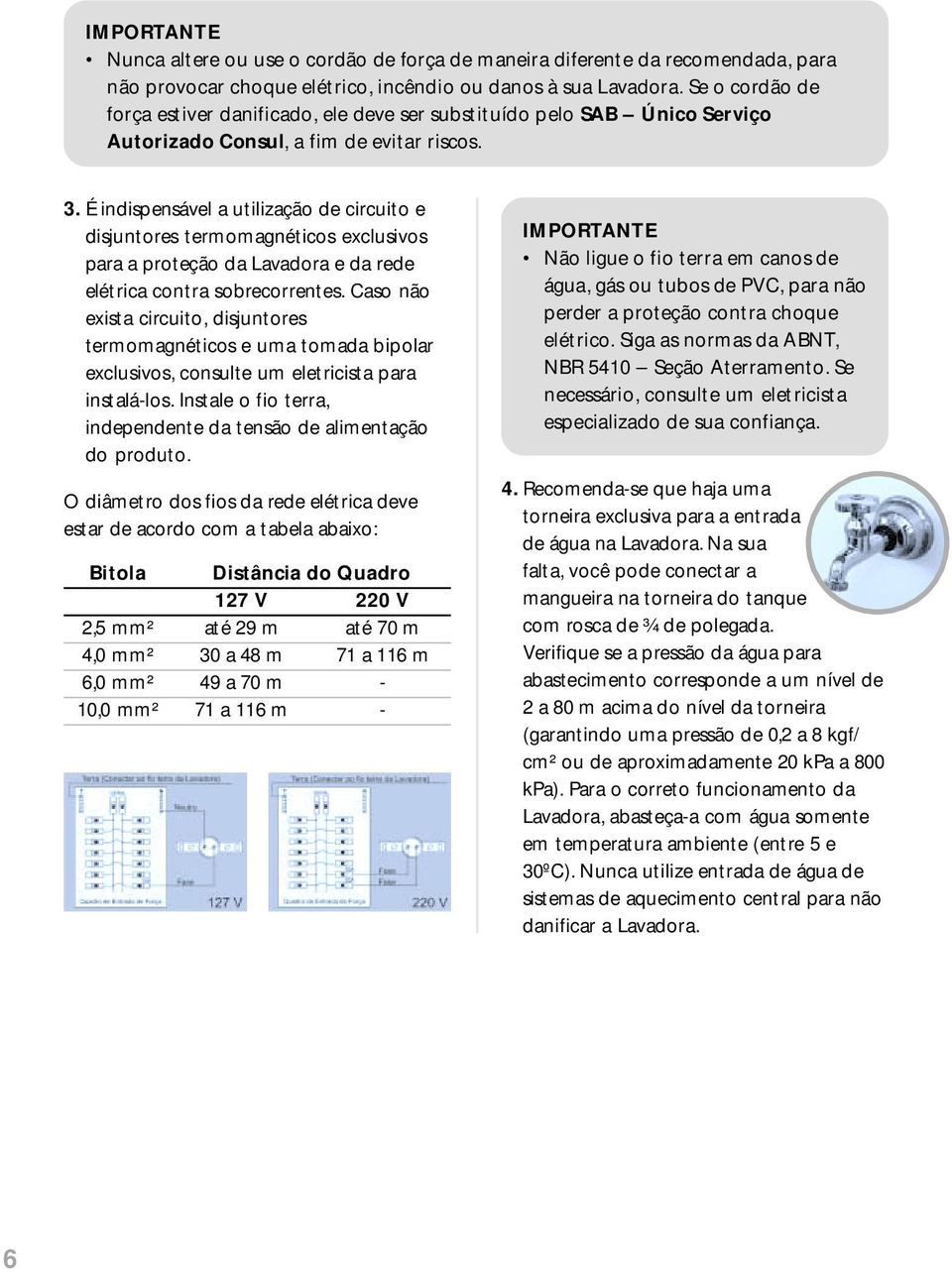 É indispensável a utilização de circuito e disjuntores termomagnéticos exclusivos para a proteção da Lavadora e da rede elétrica contra sobrecorrentes.