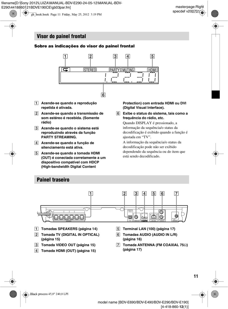 B Acende-se quando a transmissão de som estéreo é recebida. (Somente rádio) C Acende-se quando o sistema está reproduzindo através da função PARTY STREAMING.