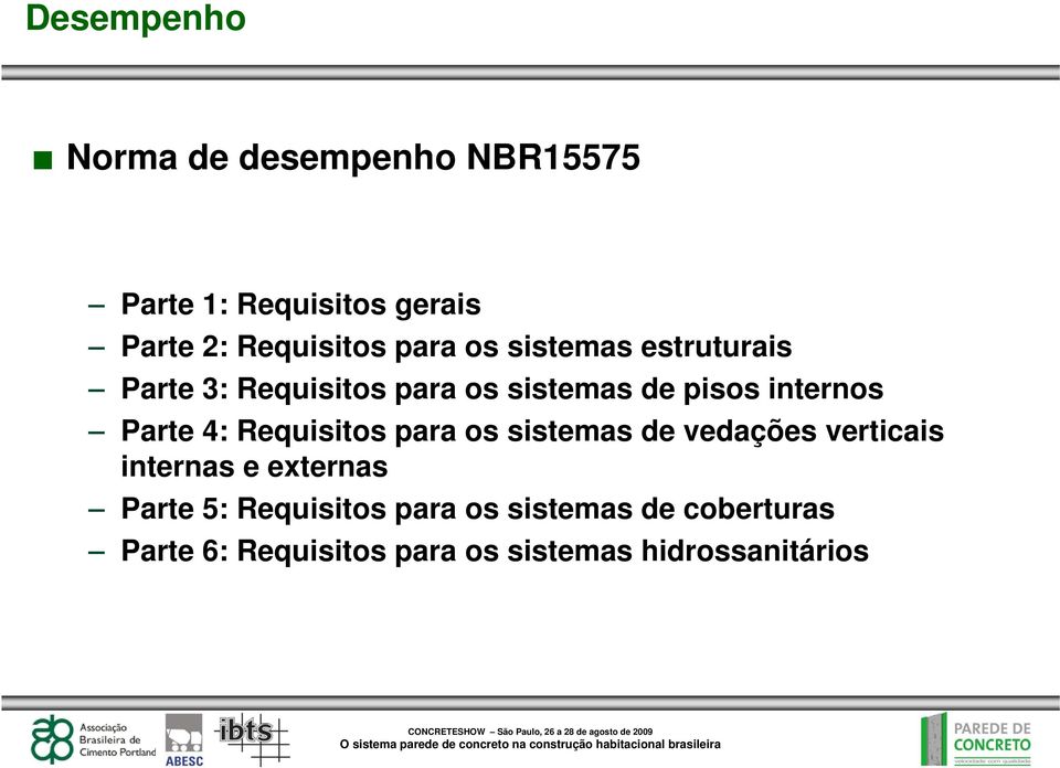 Parte 4: Requisitos para os sistemas de vedações verticais internas e externas Parte 5: