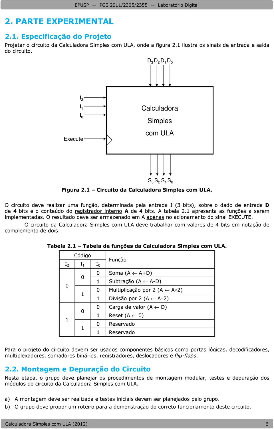 O circuito deve realizar uma função, determinada pela entrada I (3 bits), sobre o dado de entrada D de 4 bits e o conteúdo do registrador interno A de 4 bits. A tabela 2.