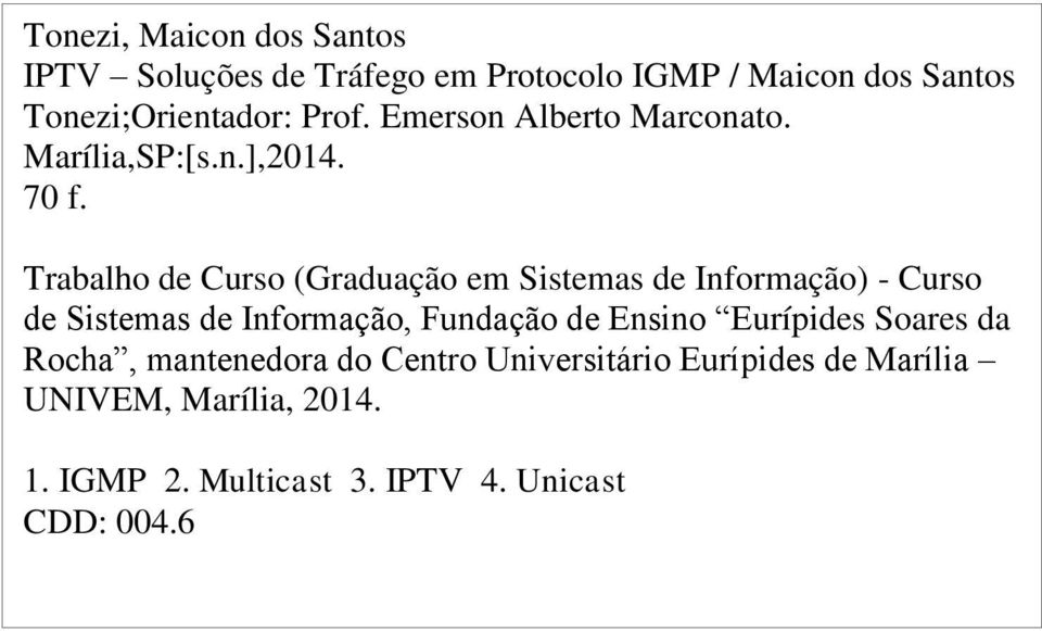 Trabalho de Curso (Graduação em Sistemas de Informação) - Curso de Sistemas de Informação, Fundação de Ensino