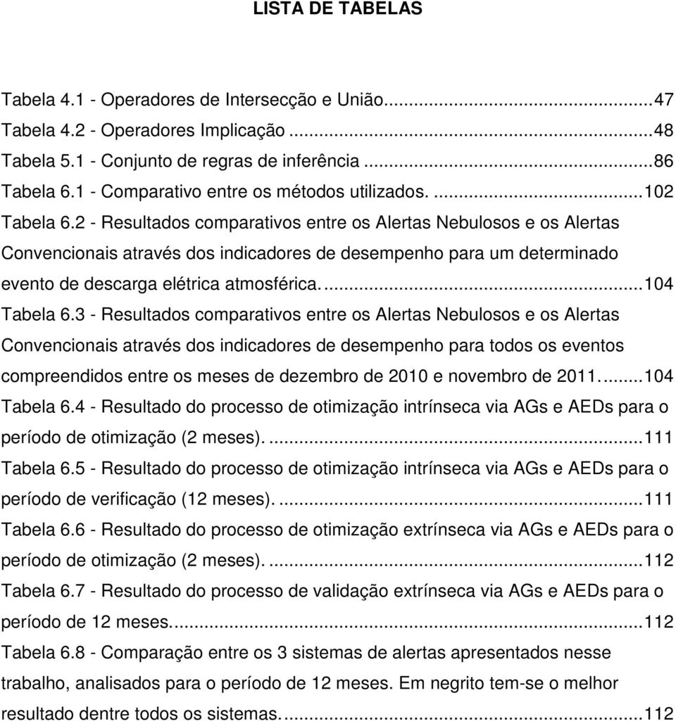 2 - Resultados comparativos entre os Alertas Nebulosos e os Alertas Convencionais através dos indicadores de desempenho para um determinado evento de descarga elétrica atmosférica.... 104 Tabela 6.