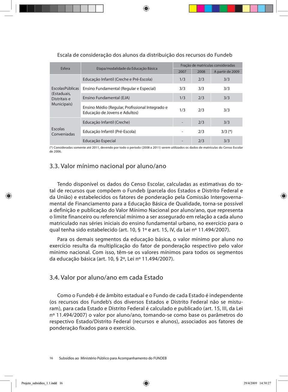 (Regular, Profissional Integrado e Educação de Jovens e Adultos) 1/3 2/3 3/3 Educação Infantil (Creche) - 2/3 3/3 Escolas Conveniadas Educação Infantil (Pré-Escola) - 2/3 3/3 (*) Educação Especial -