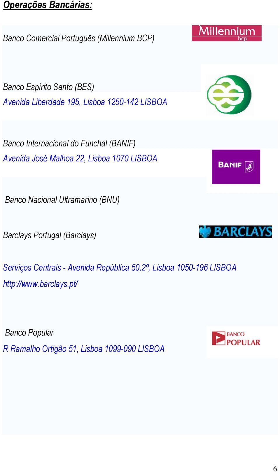 LISBOA Banco Nacional Ultramarino (BNU) Barclays Portugal (Barclays) Serviços Centrais - Avenida República
