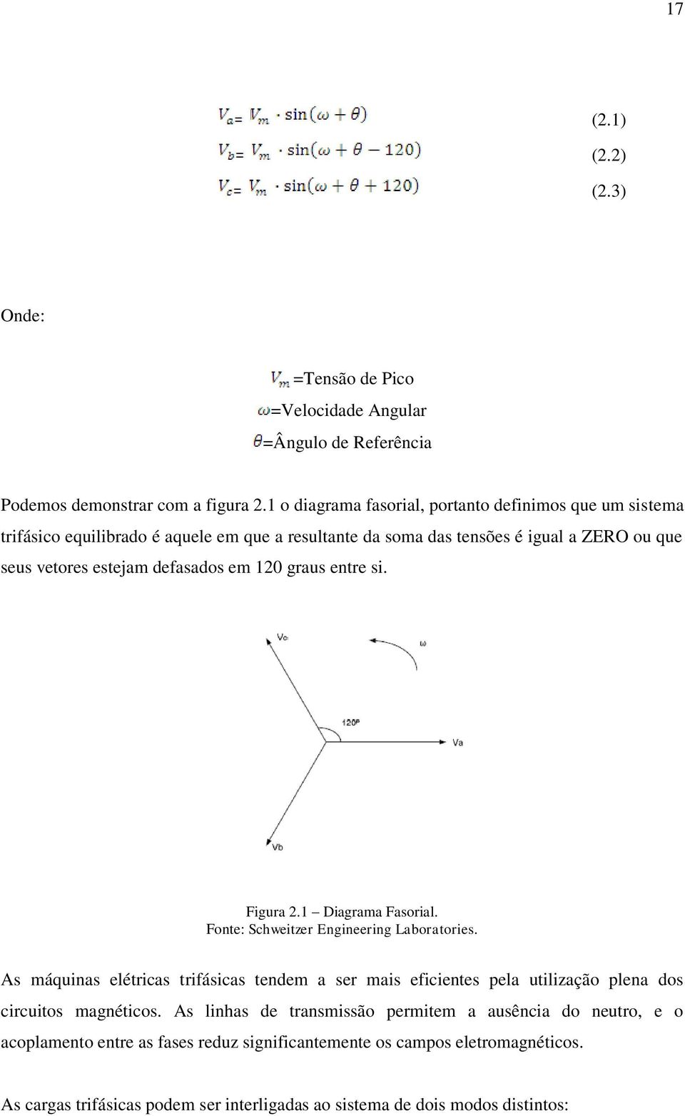 em 120 graus entre si. Figura 2.1 Diagrama Fasorial. Fonte: Schweitzer Engineering Laboratories.