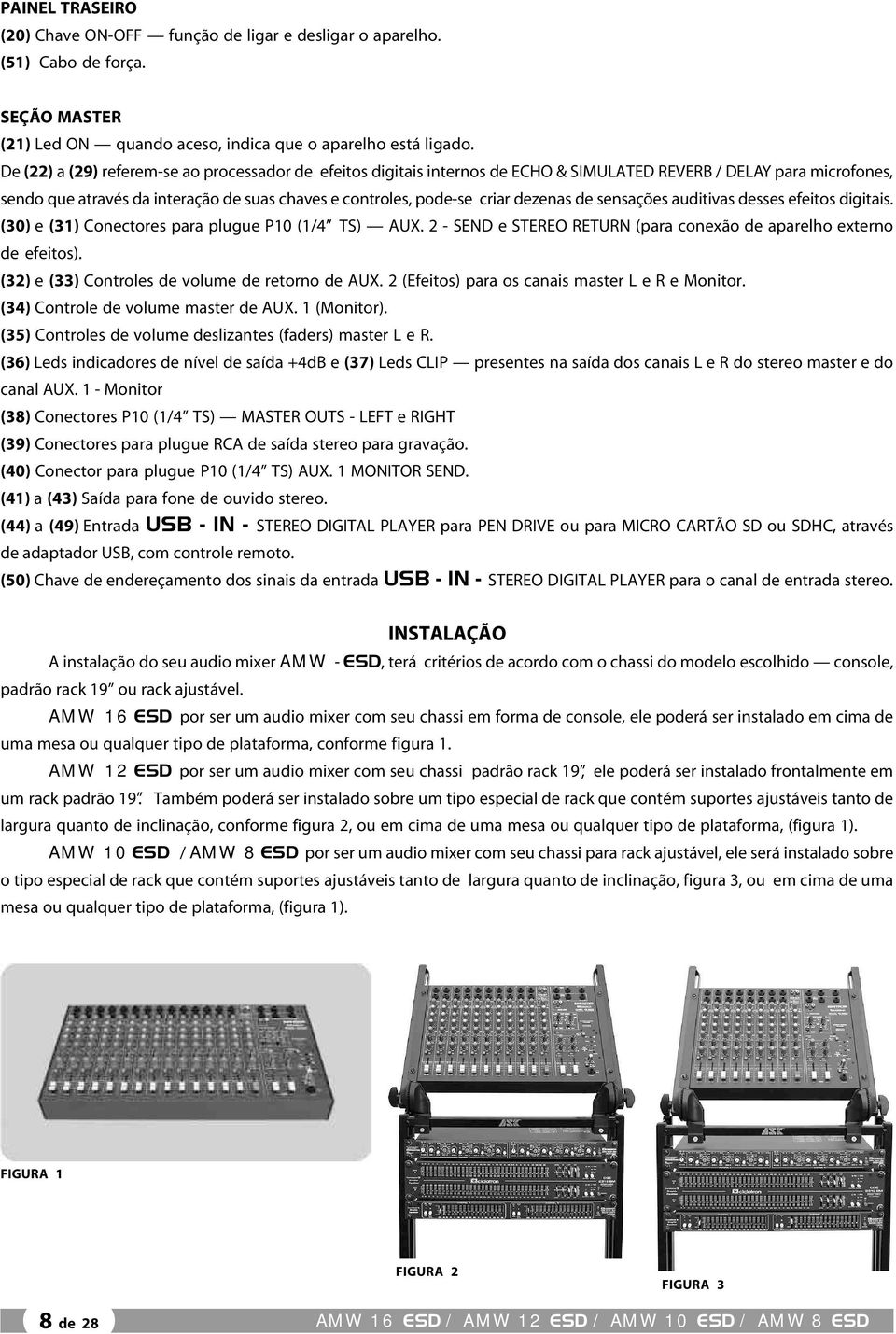 dezenas de sensações auditivas desses efeitos digitais. (30) e (31) Conectores para plugue P10 (1/4 TS) AUX. 2 - SEND e STEREO RETURN (para conexão de aparelho externo de efeitos).