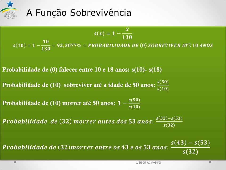 idade de 50 anos: s(50) s(10) Probabilidade de (10) morrer até 50 anos: 1 s(50) s(10) Probabilidade de 32