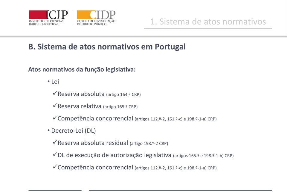 º CRP) Reserva relativa (artigo 165.º CRP) Competência concorrencial (artigos 112.º-2, 161.º-c) e 198.